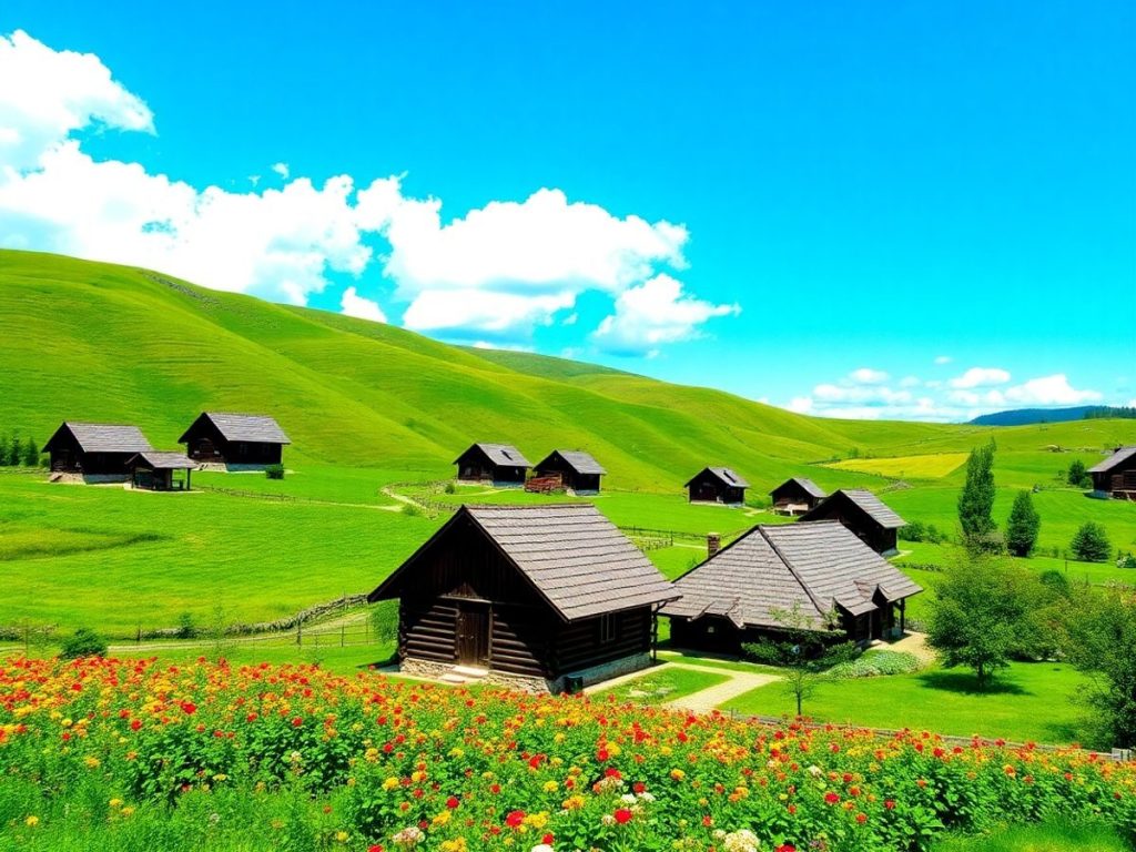 Peisaj rural românesc cu case tradiționale și câmpuri verzi.
