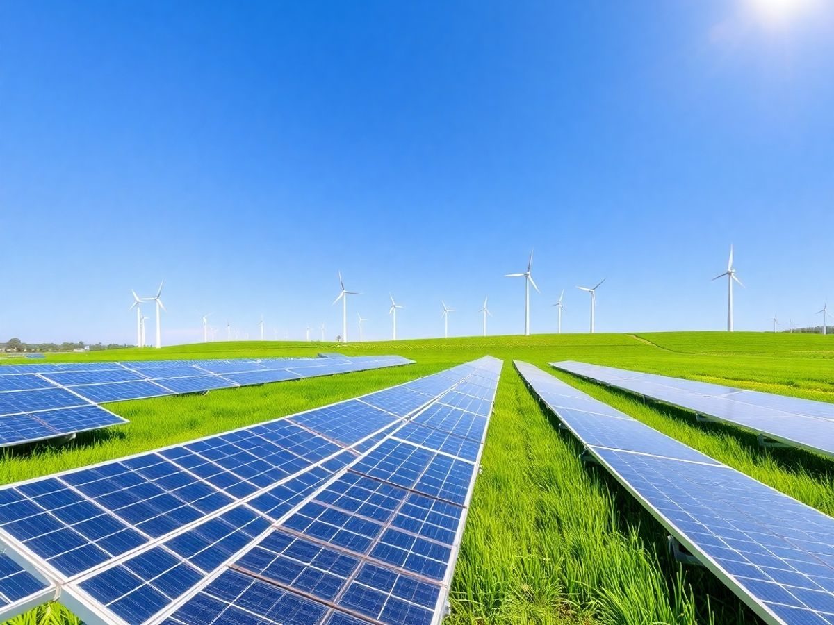 Panouri solare si turbine eoliene intr-un peisaj verde.