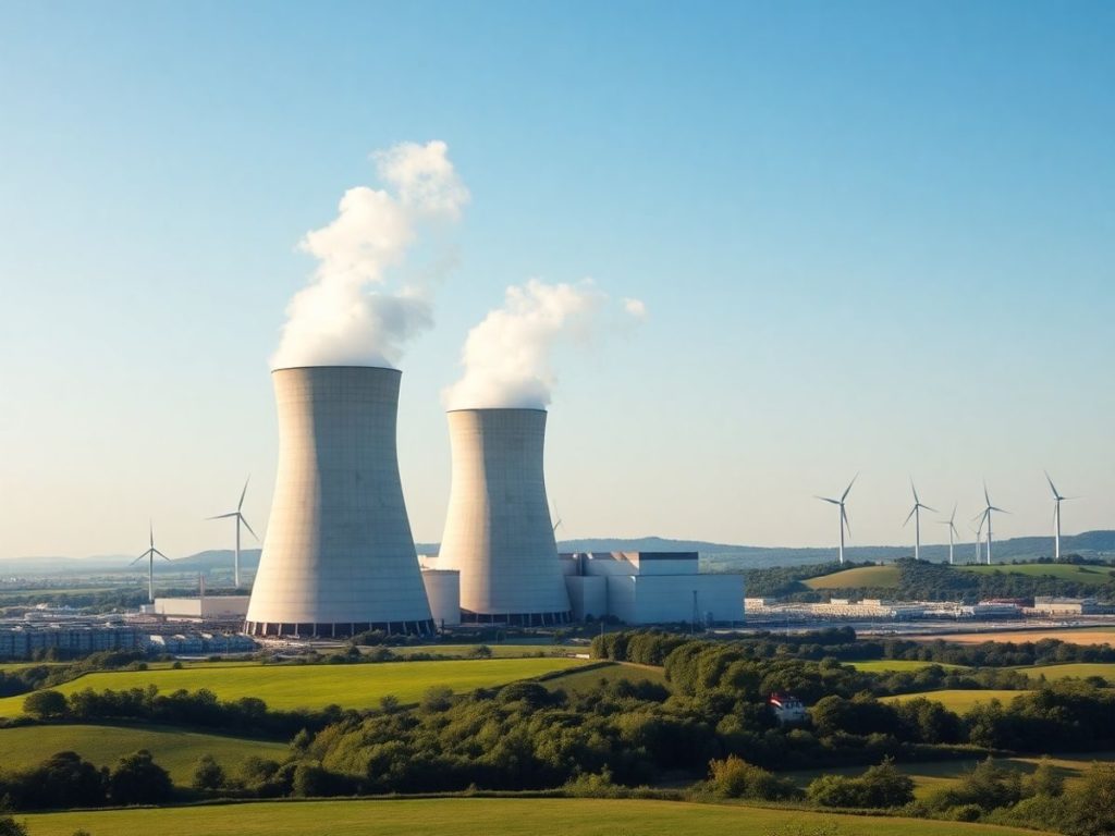 O centrală nucleară modernă, cu turnuri de răcire vizibile.