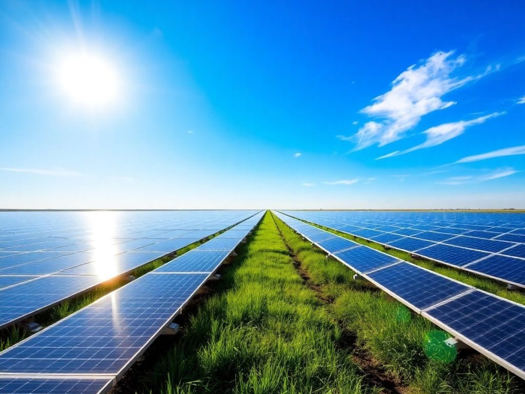Panouri solare pe câmp, sub cer senin