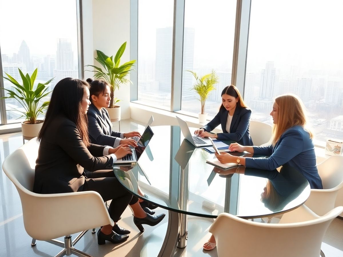 Profesioniști diversificați la birou luminat lângă ferestre, laptopuri și plante.