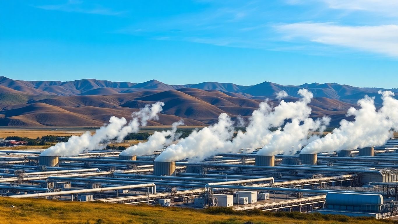 Centrală geotermală cu abur și turbine pe fundal de dealuri.