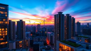 Oraș european cu energie regenerabilă, panouri solare și turbine eoliene.